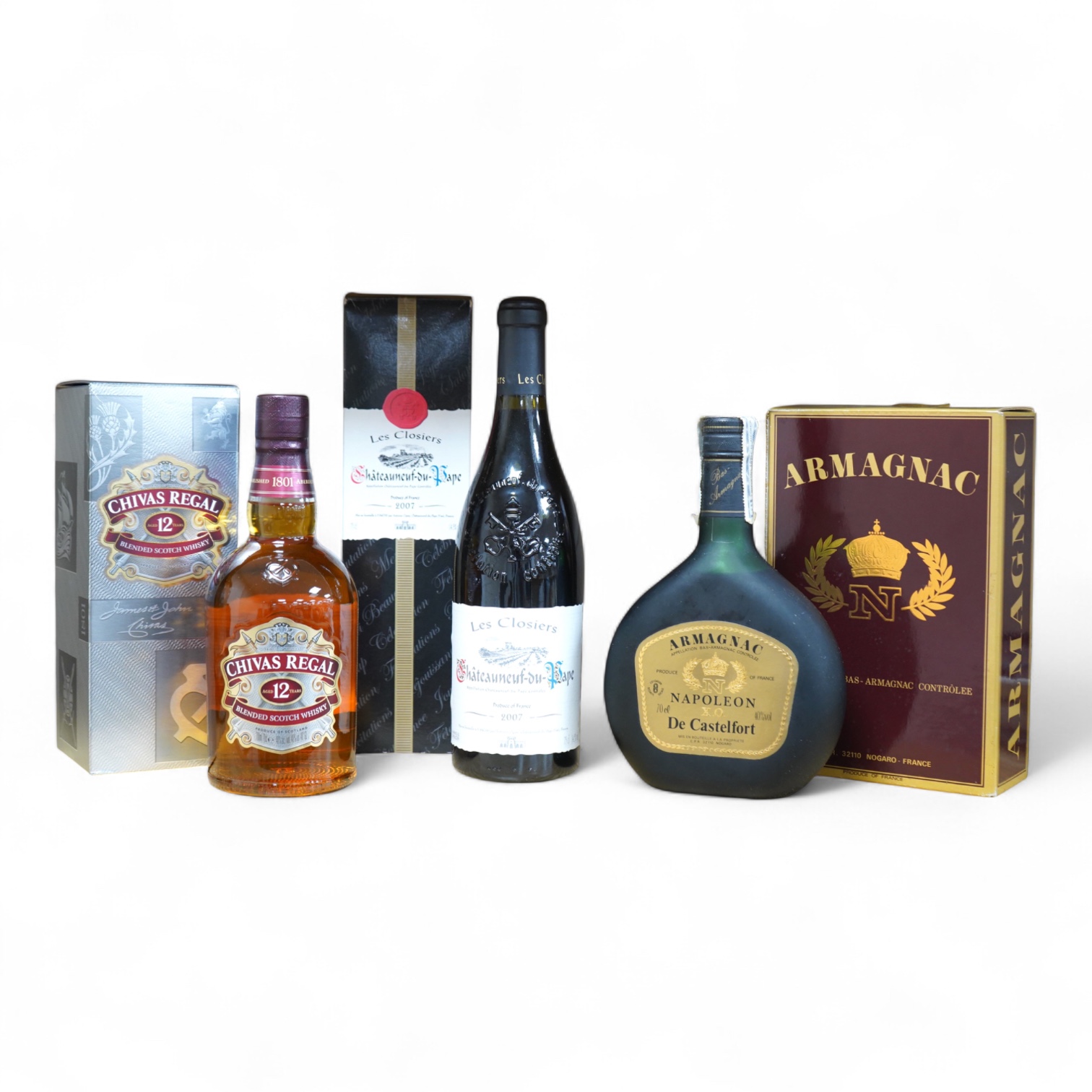 Three bottles of wine and spirits to include Chateauneuf De Pape, 2007 and Chivas Regal scotch whisky